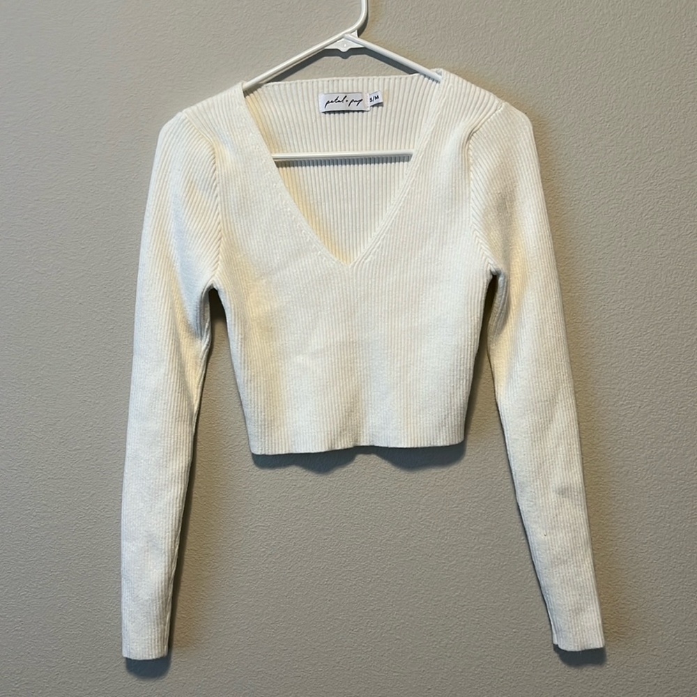 Cropped White Vneck Sweater